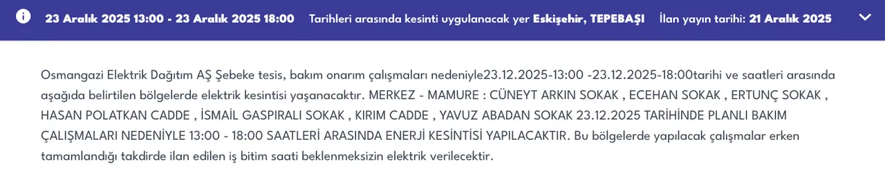 23 Eskişehir elektrik kesintisi sorgulama! 23 Aralık OEDAŞ arıza listesi: Elektrikler ne zaman gelecek?