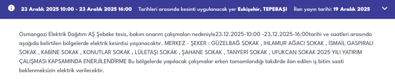 23 Eskişehir elektrik kesintisi sorgulama! 23 Aralık OEDAŞ arıza listesi: Elektrikler ne zaman gelecek?