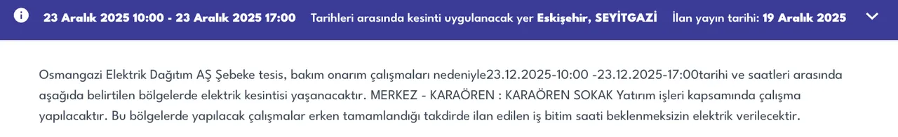 23 Eskişehir elektrik kesintisi sorgulama! 23 Aralık OEDAŞ arıza listesi: Elektrikler ne zaman gelecek?