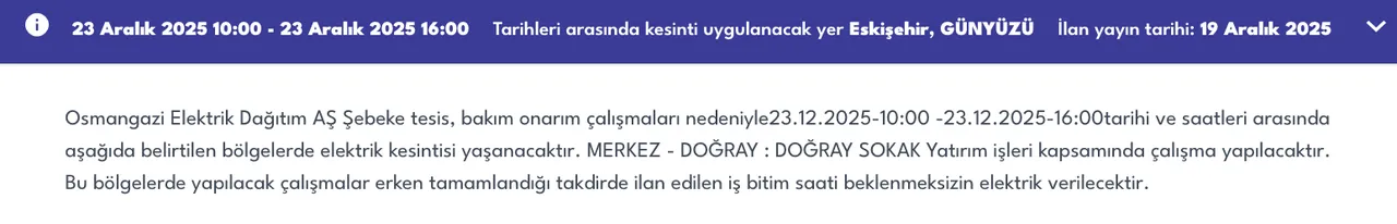 23 Eskişehir elektrik kesintisi sorgulama! 23 Aralık OEDAŞ arıza listesi: Elektrikler ne zaman gelecek?