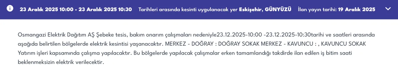 23 Eskişehir elektrik kesintisi sorgulama! 23 Aralık OEDAŞ arıza listesi: Elektrikler ne zaman gelecek?