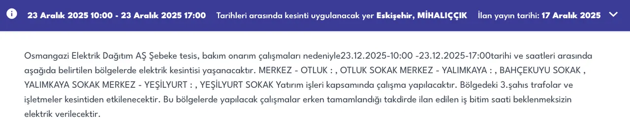 23 Eskişehir elektrik kesintisi sorgulama! 23 Aralık OEDAŞ arıza listesi: Elektrikler ne zaman gelecek?