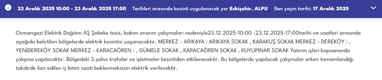 23 Eskişehir elektrik kesintisi sorgulama! 23 Aralık OEDAŞ arıza listesi: Elektrikler ne zaman gelecek?