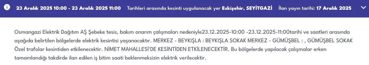 23 Eskişehir elektrik kesintisi sorgulama! 23 Aralık OEDAŞ arıza listesi: Elektrikler ne zaman gelecek?