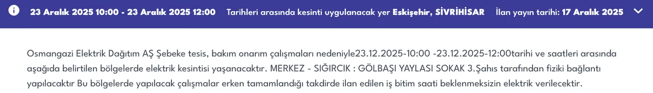 23 Eskişehir elektrik kesintisi sorgulama! 23 Aralık OEDAŞ arıza listesi: Elektrikler ne zaman gelecek?