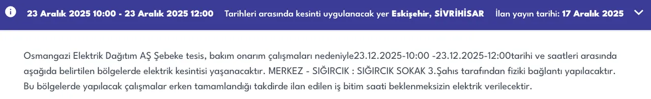 23 Eskişehir elektrik kesintisi sorgulama! 23 Aralık OEDAŞ arıza listesi: Elektrikler ne zaman gelecek?