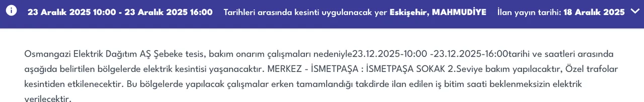 23 Eskişehir elektrik kesintisi sorgulama! 23 Aralık OEDAŞ arıza listesi: Elektrikler ne zaman gelecek?