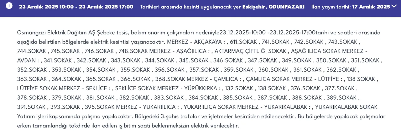 23 Eskişehir elektrik kesintisi sorgulama! 23 Aralık OEDAŞ arıza listesi: Elektrikler ne zaman gelecek?