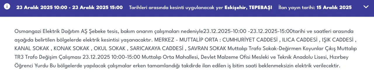23 Eskişehir elektrik kesintisi sorgulama! 23 Aralık OEDAŞ arıza listesi: Elektrikler ne zaman gelecek?