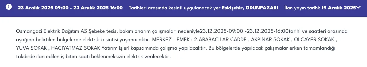 23 Eskişehir elektrik kesintisi sorgulama! 23 Aralık OEDAŞ arıza listesi: Elektrikler ne zaman gelecek?