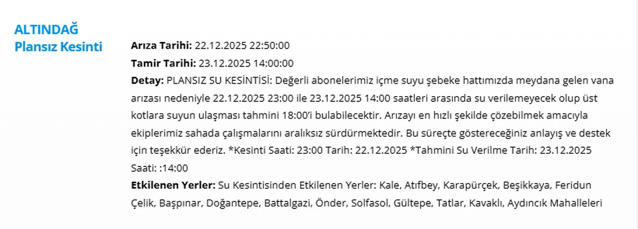 Altındağ su kesintisi