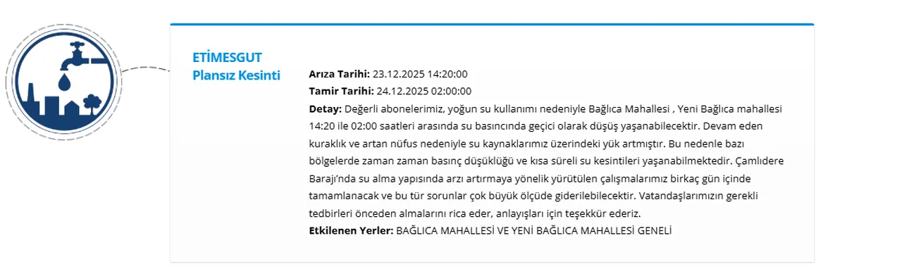 Etimesgut su kesintisi