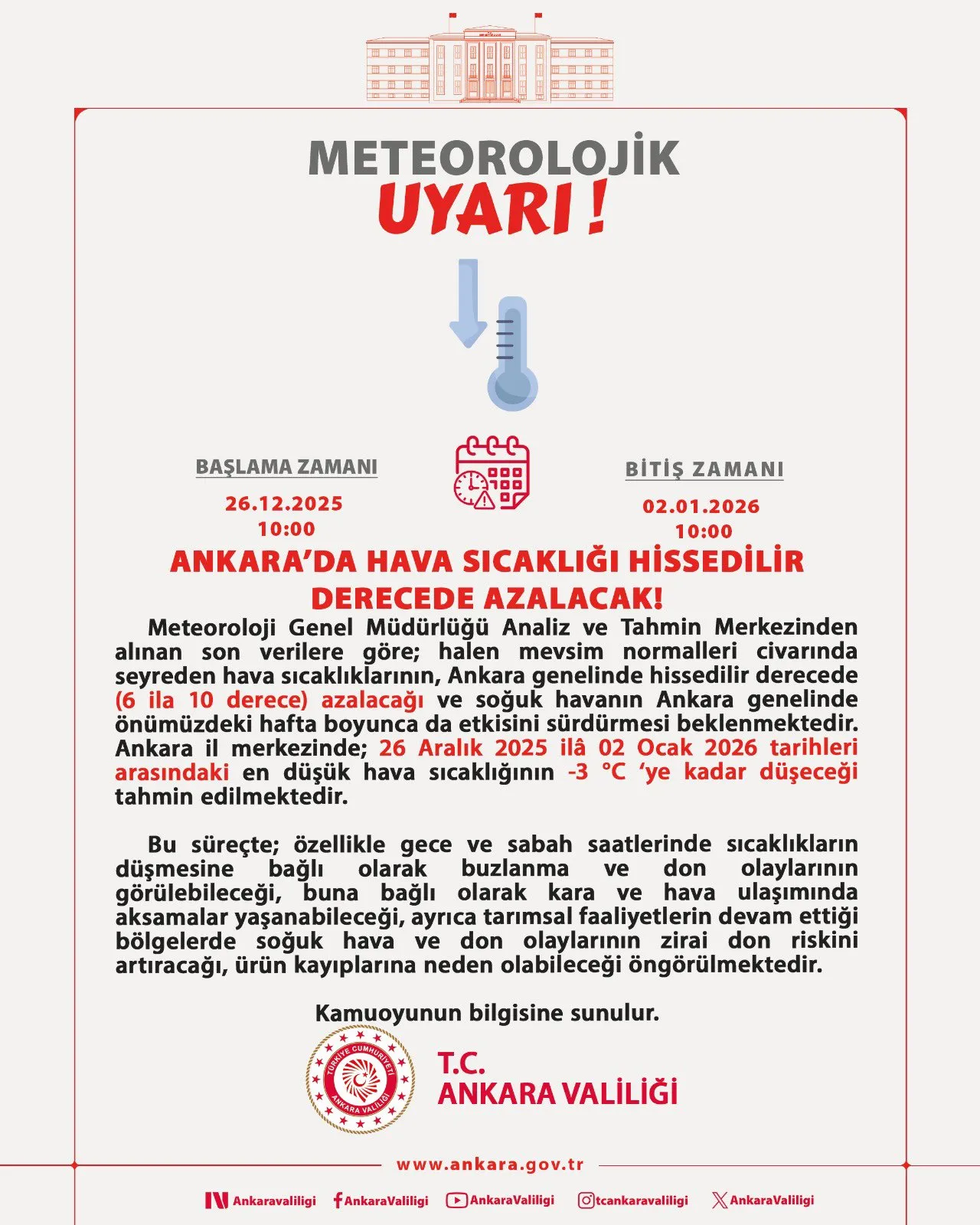 Ankarada okullar tatil mi, kar yağacak mı? 26 Aralık için Ankara Valiliğinden buzlanma ve don uyarısı!