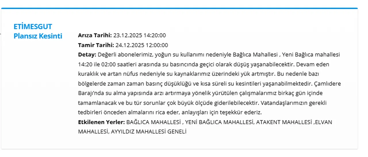 ASKİ su kesintisi 24 Aralık! Ankara'da sular ne zaman gelecek?