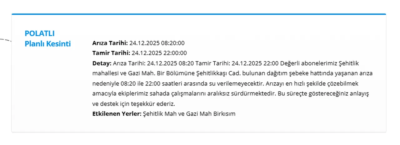 ASKİ su kesintisi 24 Aralık! Ankara'da sular ne zaman gelecek?