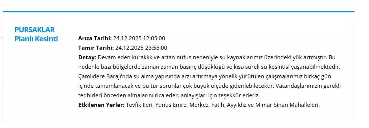 ASKİ su kesintisi 24 Aralık! Ankara'da sular ne zaman gelecek? (Polatlı, Pursaklar, Etimesgut)