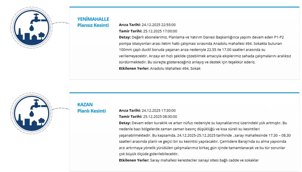 Ankarada sular ne zaman gelecek? 25 Aralık ASKİ Ankara su kesintisi