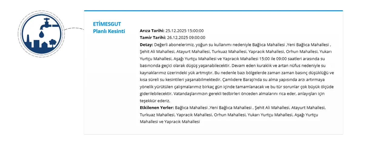 Ankara'da sular ne zaman gelecek? 25 Aralık ASKİ Ankara su kesintisi (Etimesgut, Pursaklar)