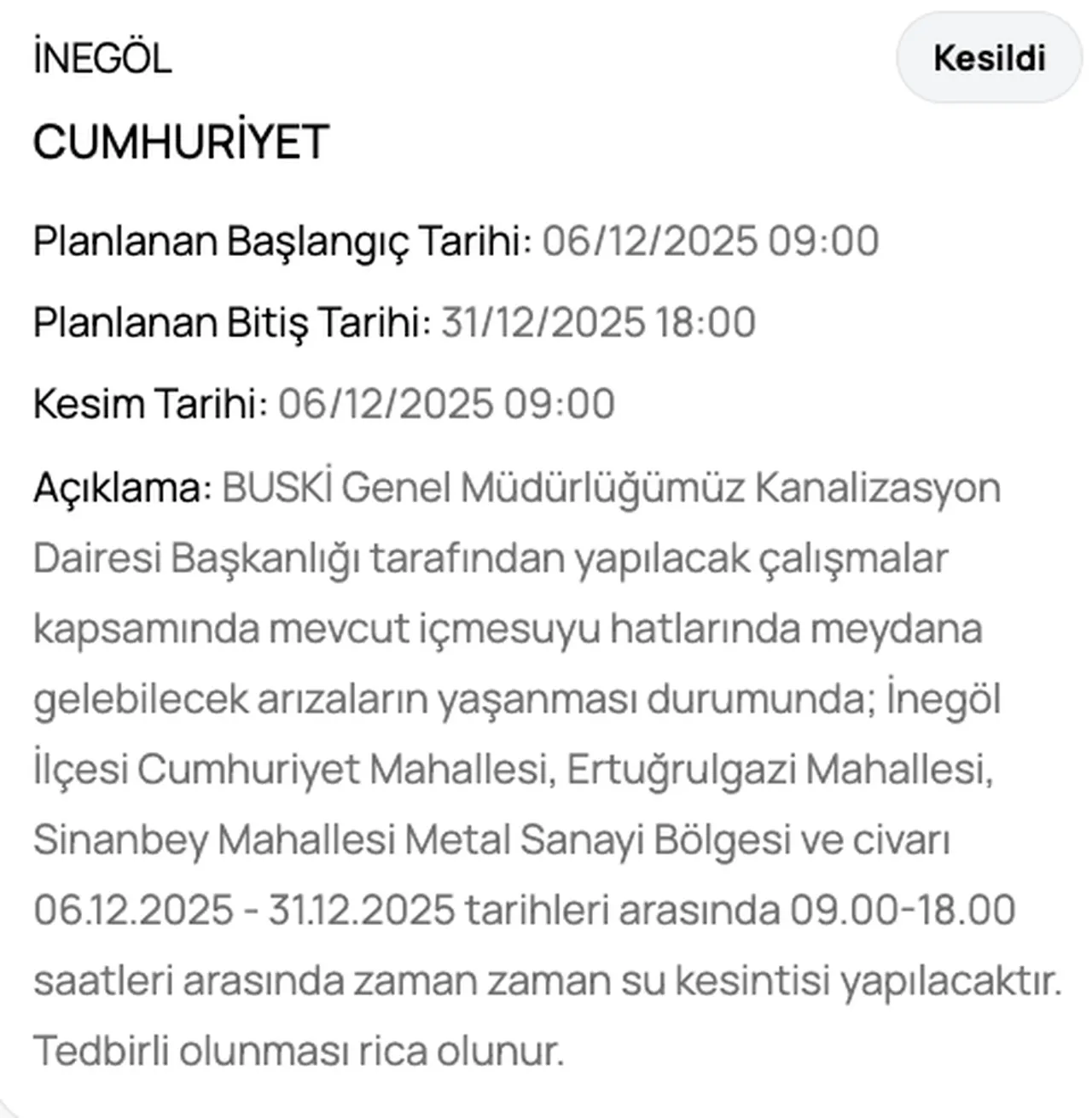 BUSKİ su kesintisi: 25 Aralık Bursada sular ne zaman kesilecek?