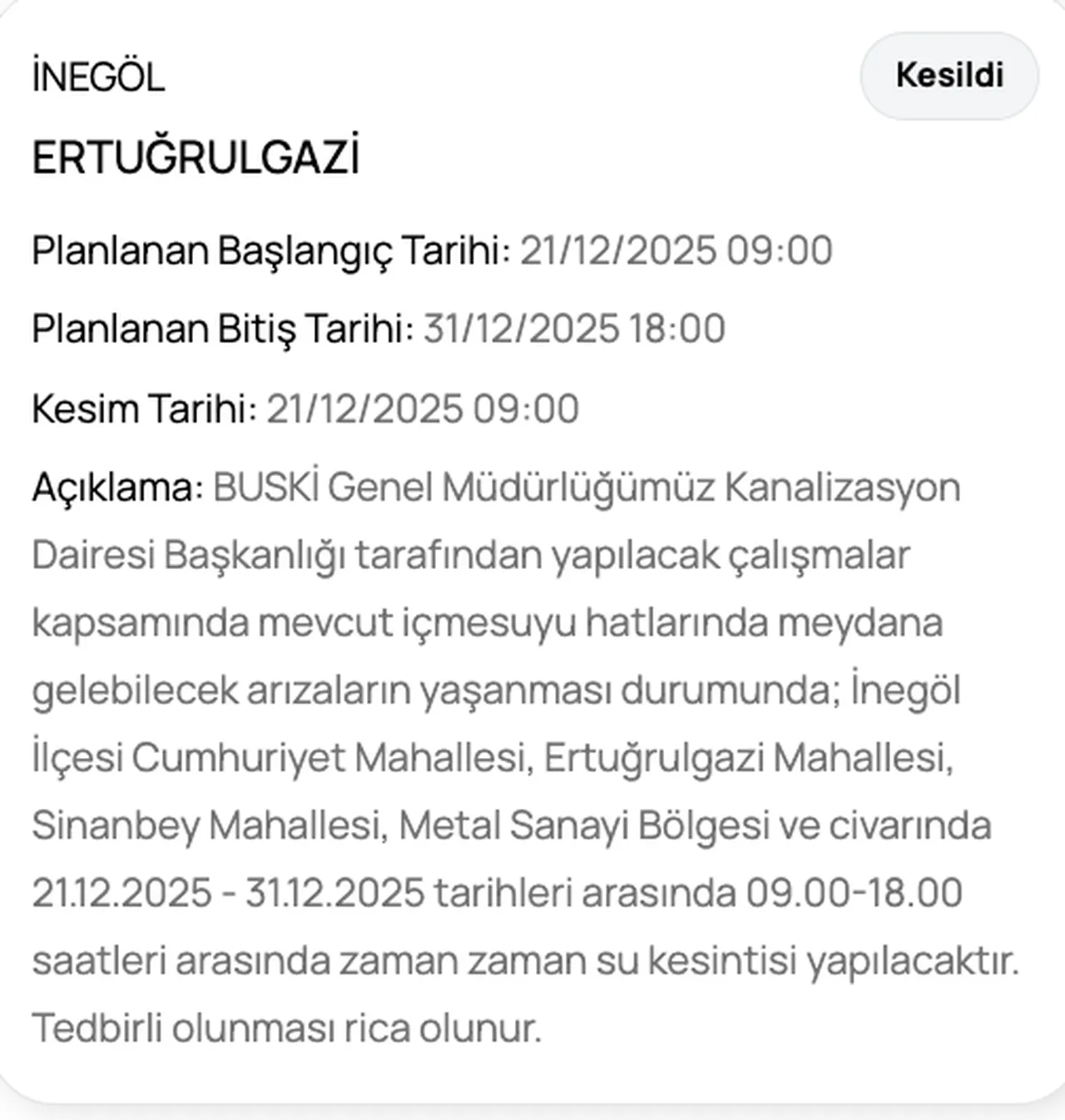 BUSKİ su kesintisi: 25 Aralık Bursada sular ne zaman kesilecek?