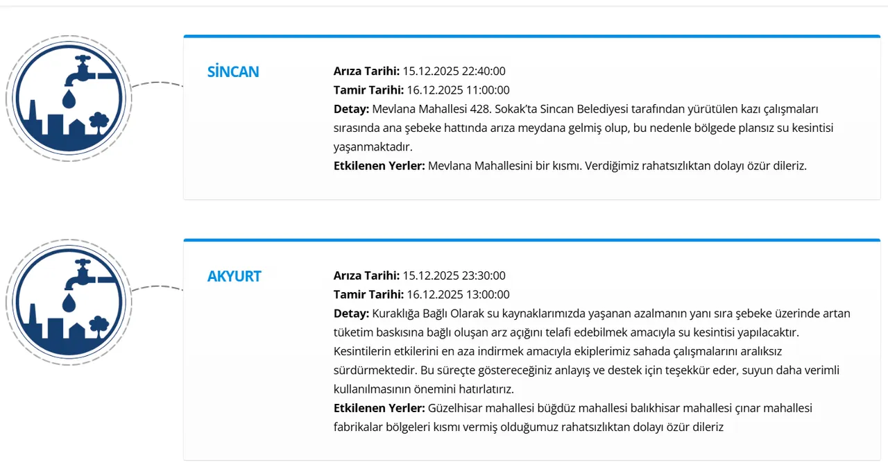 Ankaranın 5 ilçesinde (Pursaklar, Yenimahalle, Kazan) su kesintisi! Sular ne zaman gelecek?