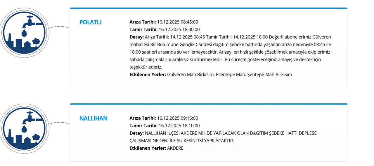 Ankaranın 5 ilçesinde (Pursaklar, Yenimahalle, Kazan) su kesintisi! Sular ne zaman gelecek?
