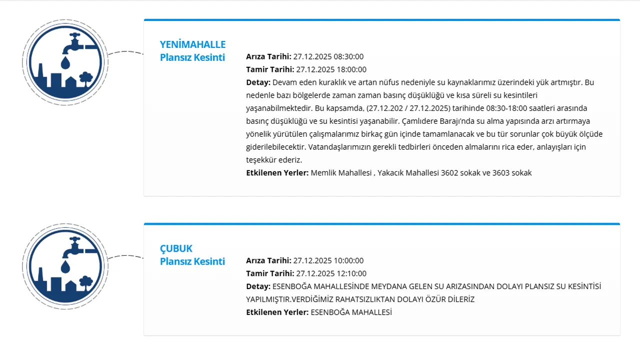 Ankara'nın üç ilçesinde (Yenimahalle, Kazan, Polatlı) sular ne zaman gelecek?
