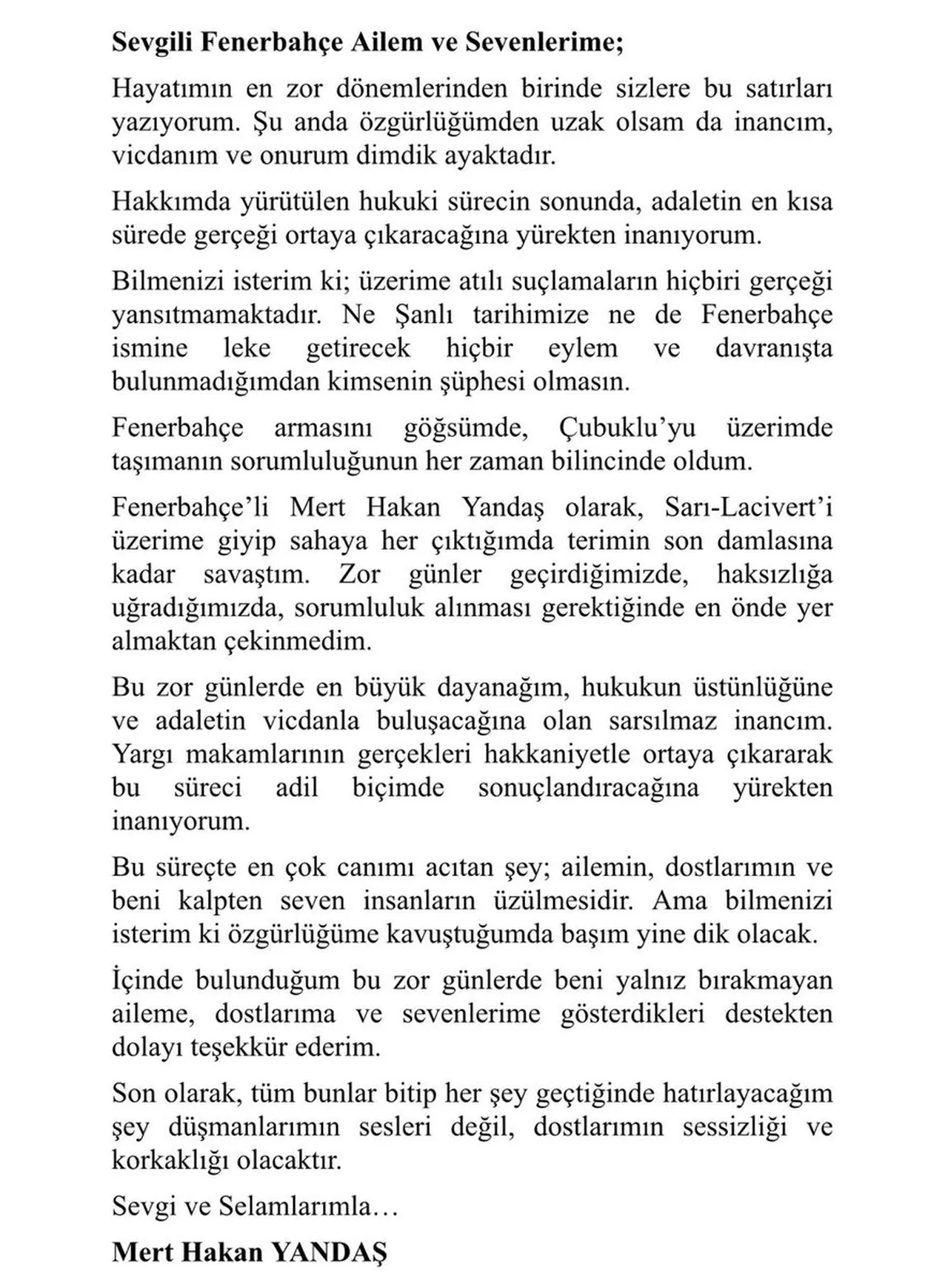 Mert Hakan Yandaş'ın mektubu