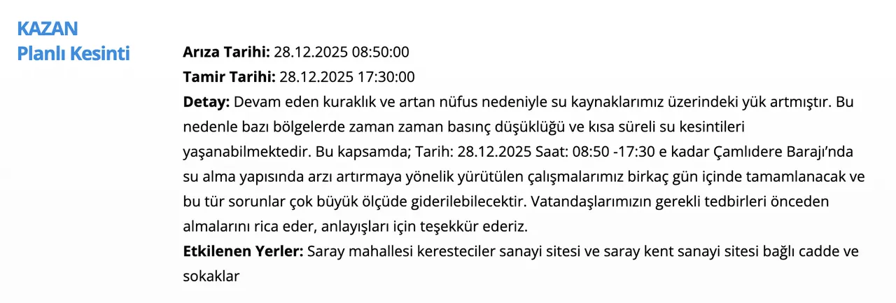 ASKİ su kesintisi sorgulama ekranı! Ankarada sular ne zaman gelecek? (Kazan, Çankaya)