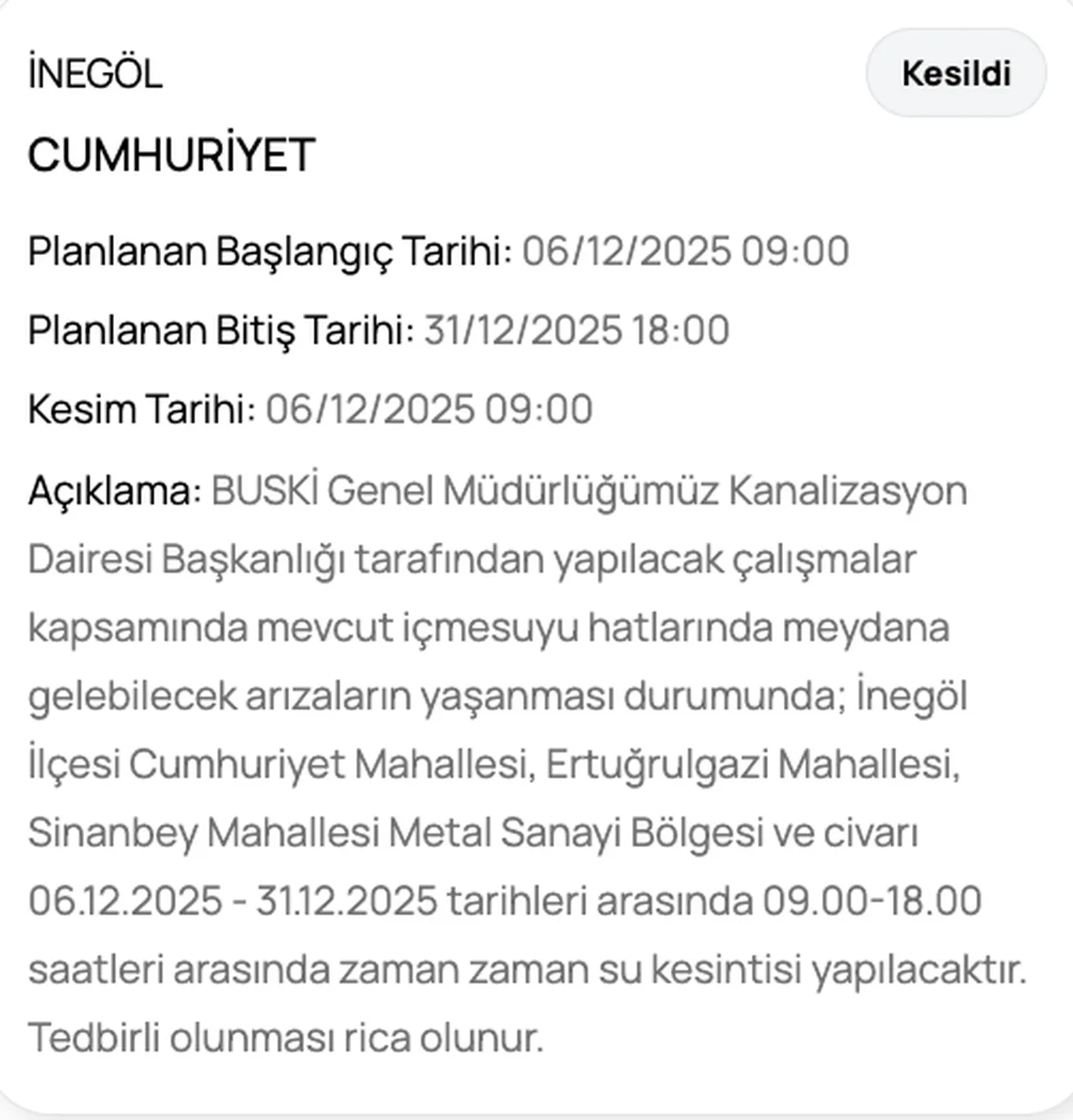BUSKİ su kesintisi listesi! 28 Aralık Bursada sular ne zaman gelecek? (Osmangazi, İnegöl)