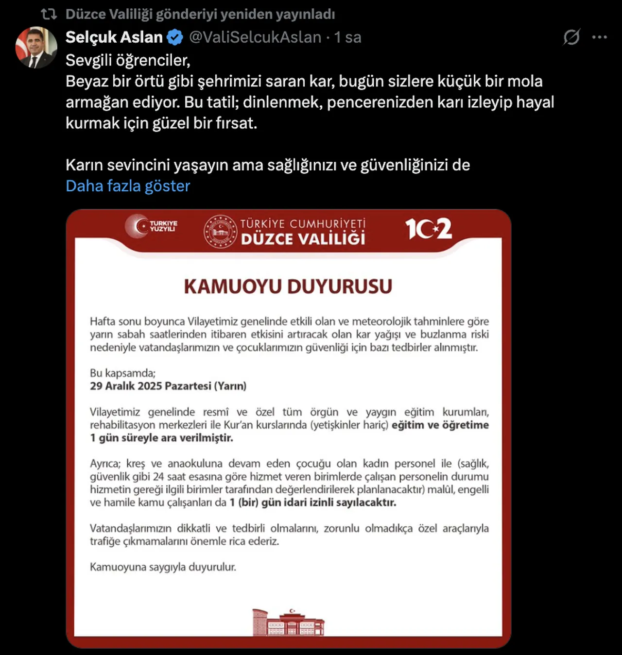 Düzcede yarın okullar tatil mi? 29 Aralık Pazartesi için Düzce Valiliği duyurdu!