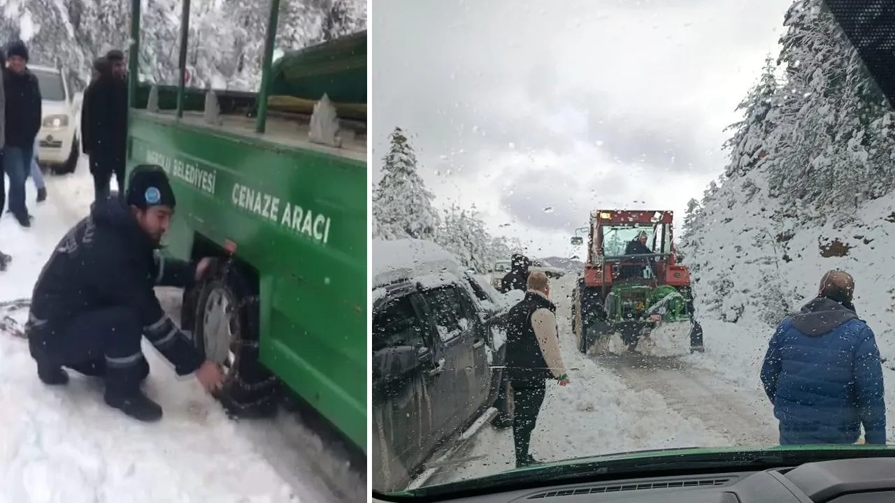 Kastamonu'da cenaze aracı karda mahsur kaldı