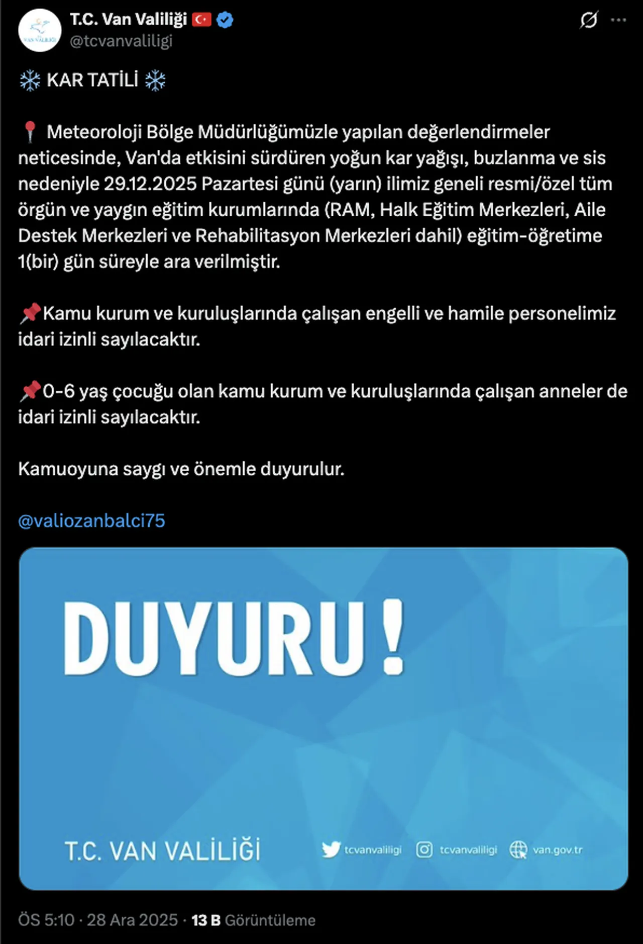 Vanda yarın okullar tatil mi? Van Valiliği açıkladı 29 Aralık Pazartesi!