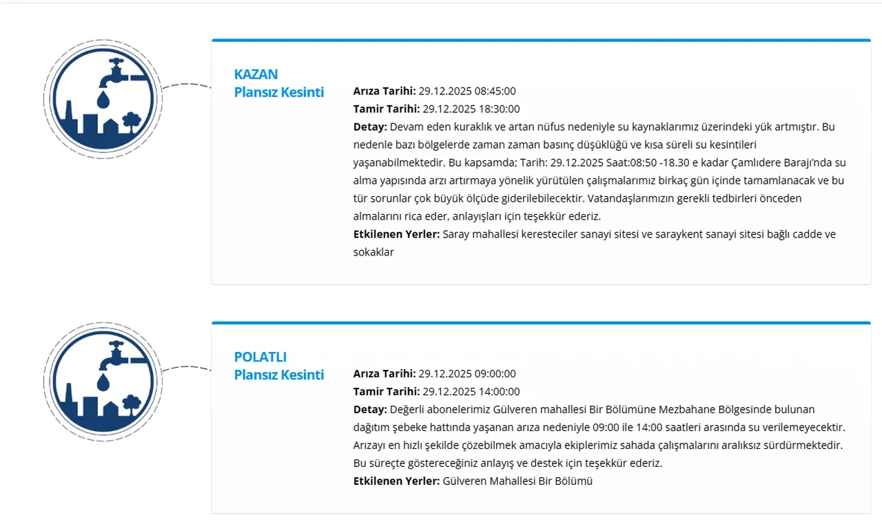 Ankaranın 6 ilçesinde (Keçiören,Pursaklar,Sincan…) su kesintisi! Ankarada sular ne zaman gelecek?