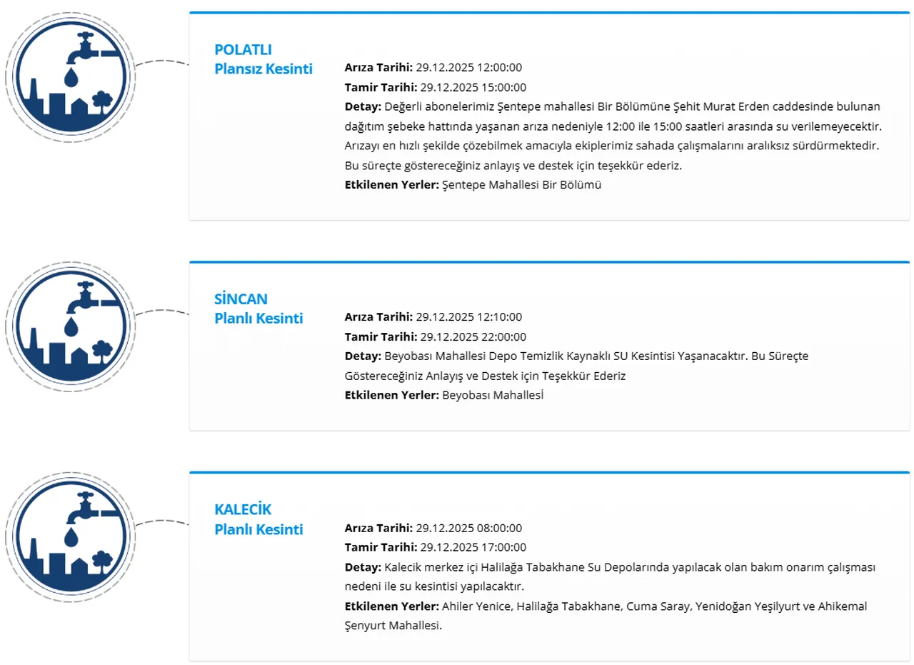Ankaranın 6 ilçesinde (Keçiören,Pursaklar,Sincan…) su kesintisi! Ankarada sular ne zaman gelecek?