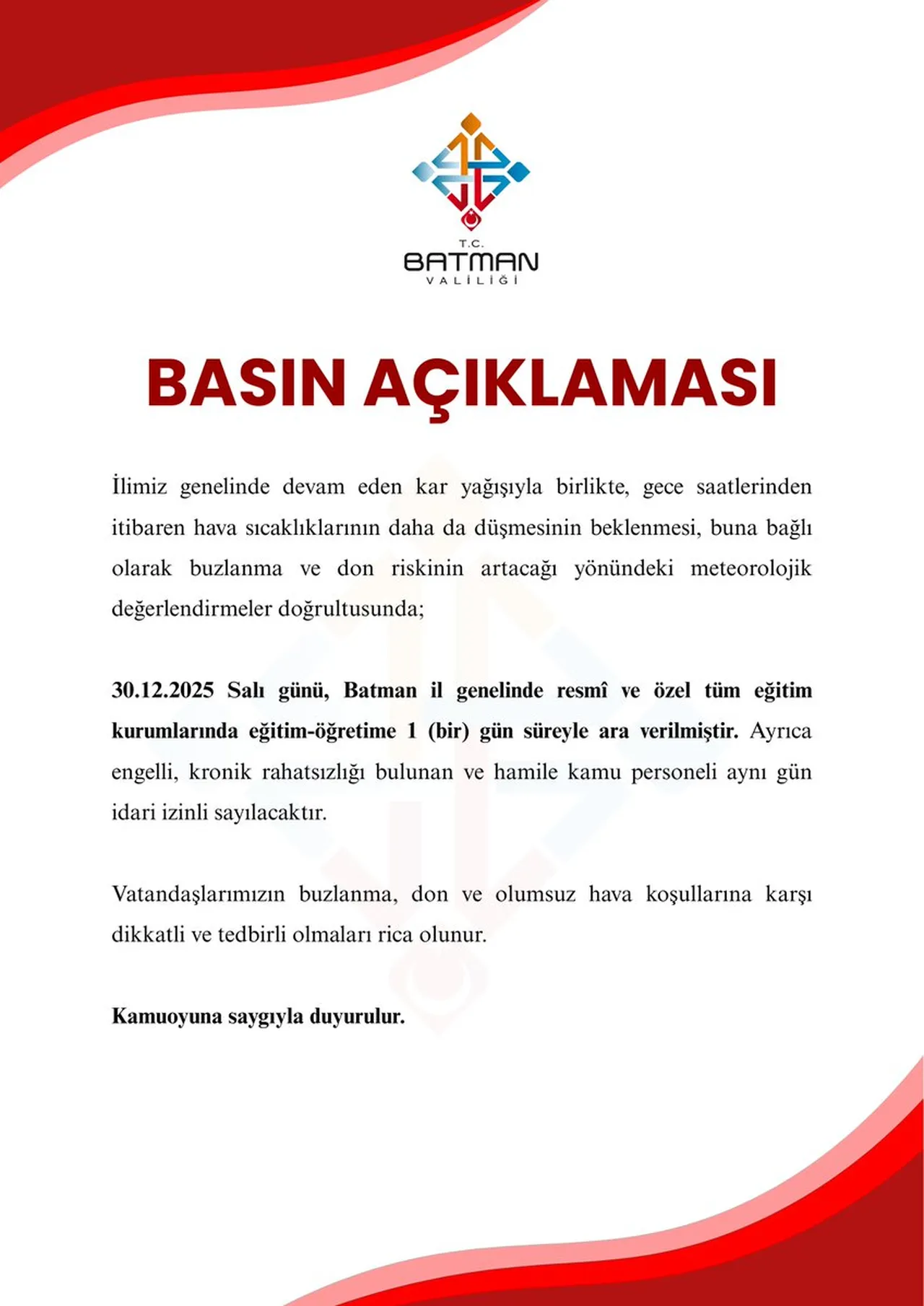 Batman Valiliği açıklaması: 30 Aralık Salı Batmanda okullar tatil mi?
