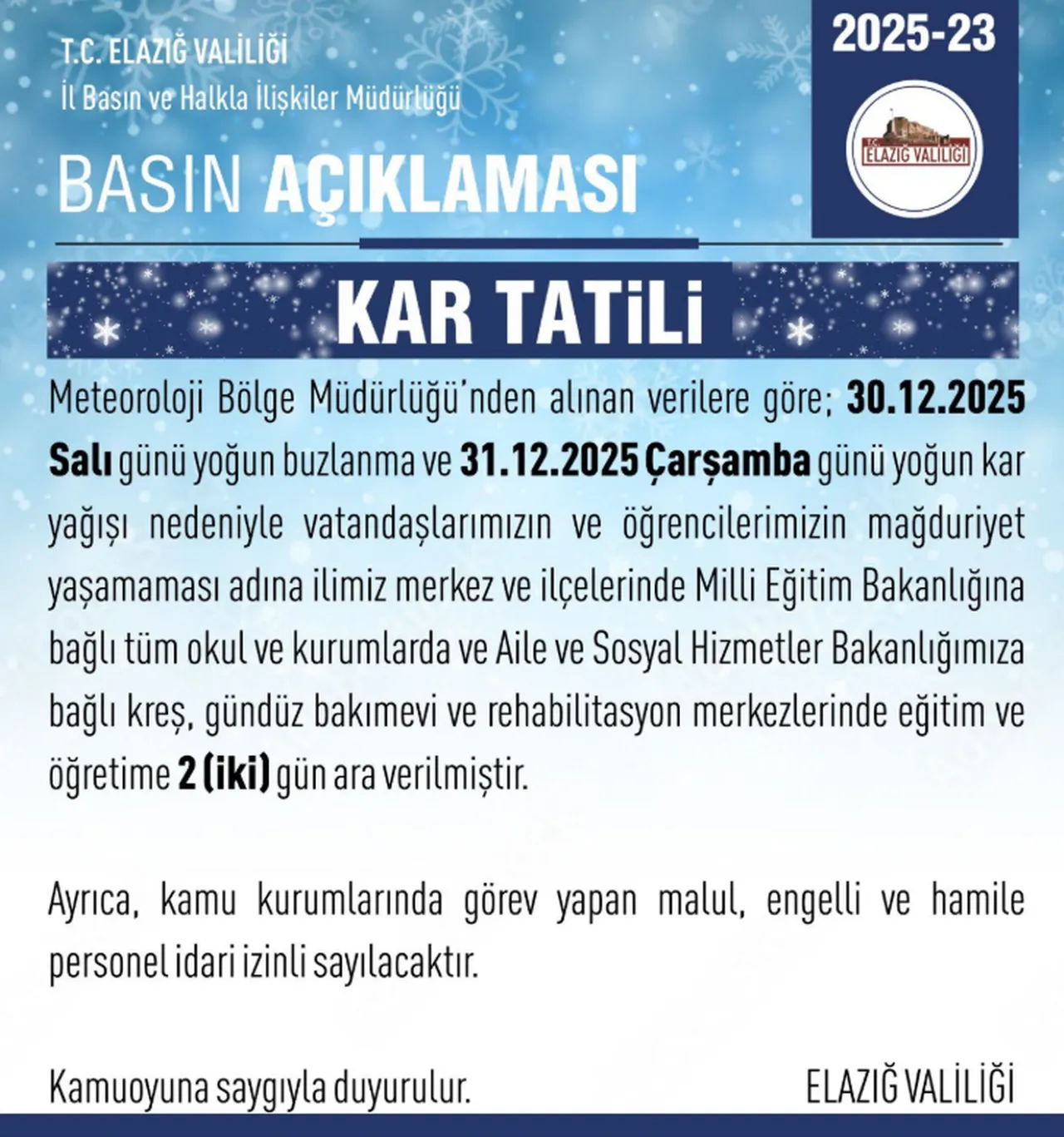 Yarın okullar tatil mi, hangi illerde okullar tatil? 30 Aralık Salı kar tatili ilan edilen şehirler