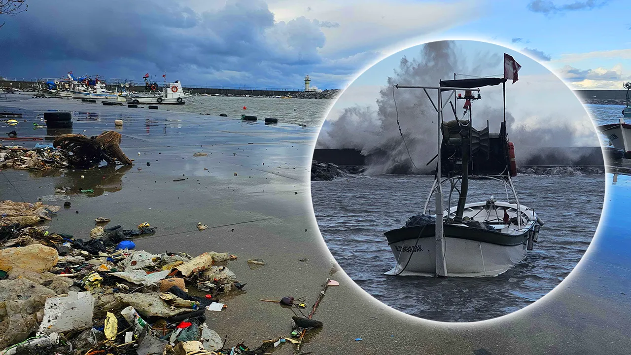 Zonguldak’ı fırtına vurdu! Sular altında kalan limanda çöp yığını 