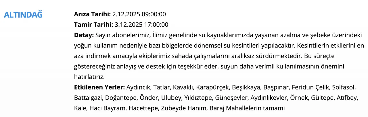 3 Aralık Ankara su kesintisi duyurusu! Sular ne zaman gelecek? İşte ASKİ su kesintisi programı