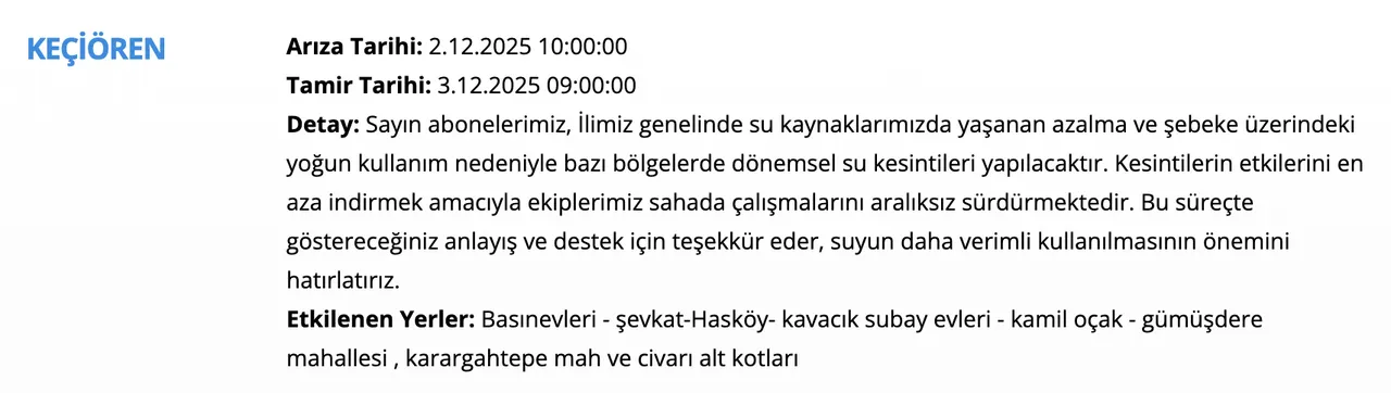 3 Aralık Ankara su kesintisi duyurusu! Sular ne zaman gelecek? İşte ASKİ su kesintisi programı