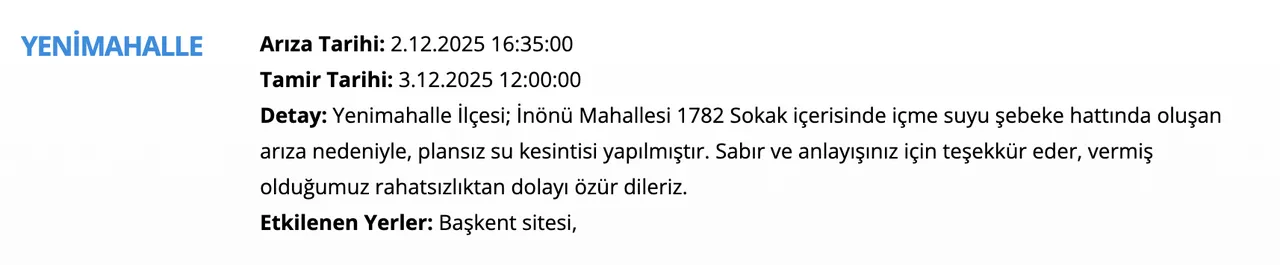 3 Aralık Ankara su kesintisi duyurusu! Sular ne zaman gelecek? İşte ASKİ su kesintisi programı