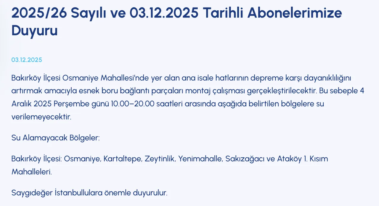 Bakırköy su kesintisi 4 Aralık Perşembe! İSKİ planlı kesinti ne zaman bitecek, sular ne zaman gelecek?