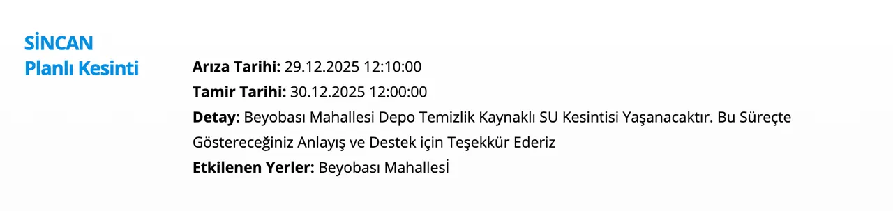 30 Aralık ASKİ su kesintisi programı: Ankarada sular ne zaman gelecek? (Sincan, Kazan, Pursaklar)