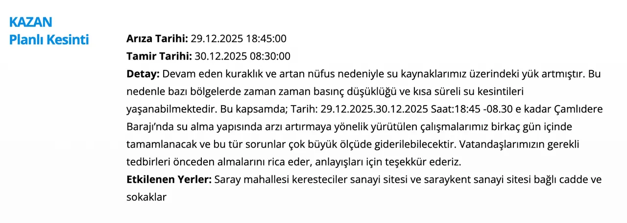 30 Aralık ASKİ su kesintisi programı: Ankarada sular ne zaman gelecek? (Sincan, Kazan, Pursaklar)