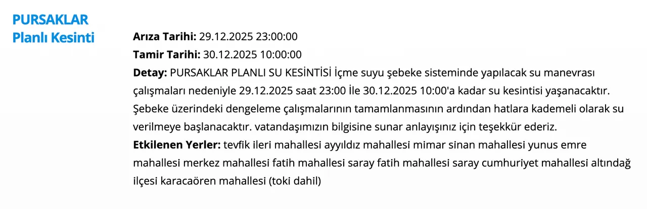 30 Aralık ASKİ su kesintisi programı: Ankarada sular ne zaman gelecek? (Sincan, Kazan, Pursaklar)