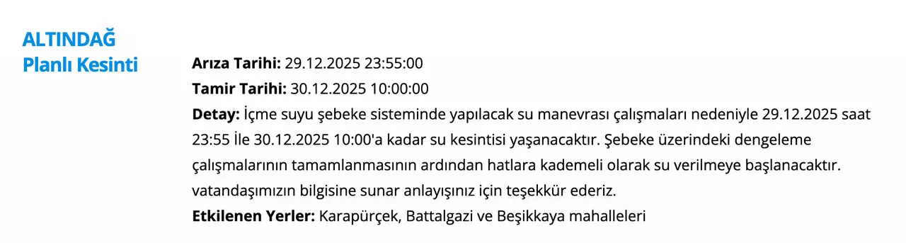 30 Aralık ASKİ su kesintisi programı: Ankarada sular ne zaman gelecek? (Sincan, Kazan, Pursaklar)