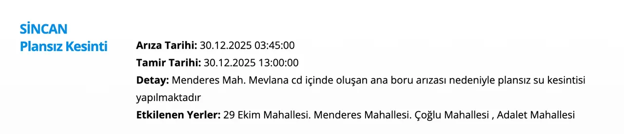 30 Aralık ASKİ su kesintisi programı: Ankarada sular ne zaman gelecek? (Sincan, Kazan, Pursaklar)