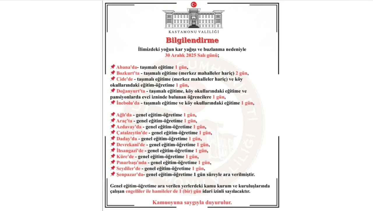 31 Aralık Çarşamba kar tatili olan iller