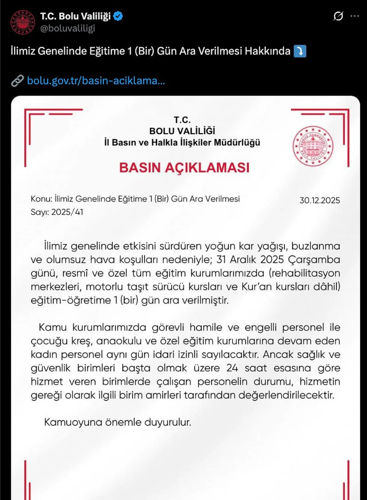 31 Aralık Çarşamba kar tatili olan iller: Yarın okullar tatil mi?