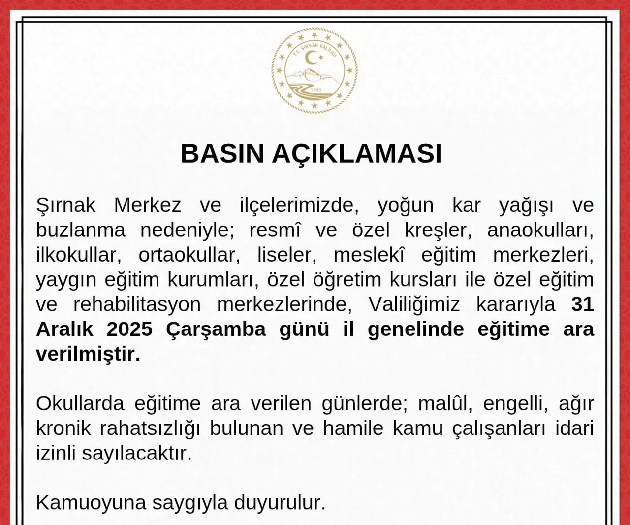 ŞIRNAK'TA OKULLAR TATİL Mİ?